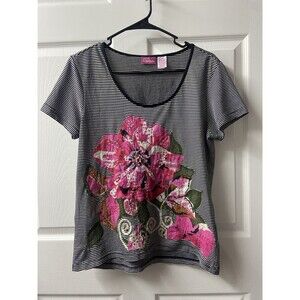 Pappagallo T-Shirt Striped Womens Medium Beaded Embroidered Appliqued Flower